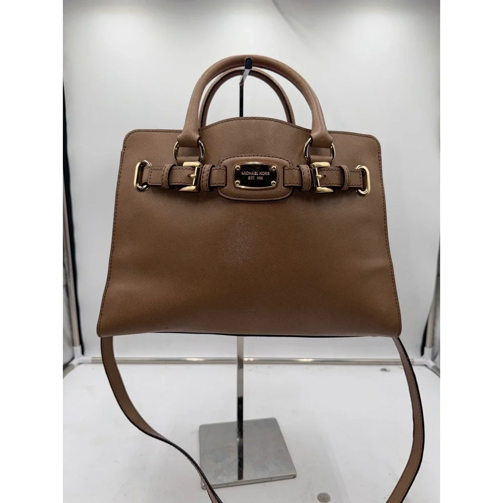 Michael Kors Hamilton Satchel Luggage Brown Saffiano Leather Handbag Gold Tone
